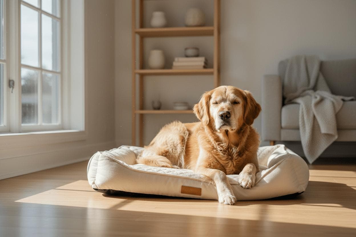 Older dog resting on a supportive low-profile bed in a home