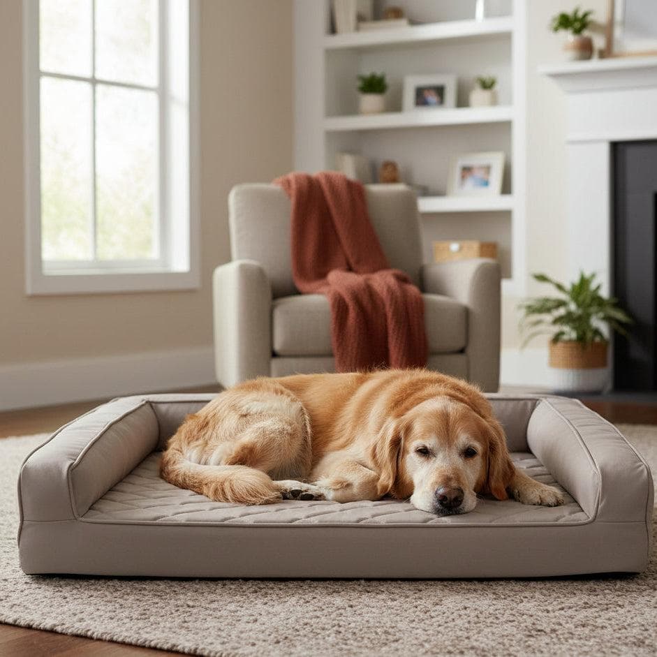 Large dog resting on a spacious padded dog bed in a home