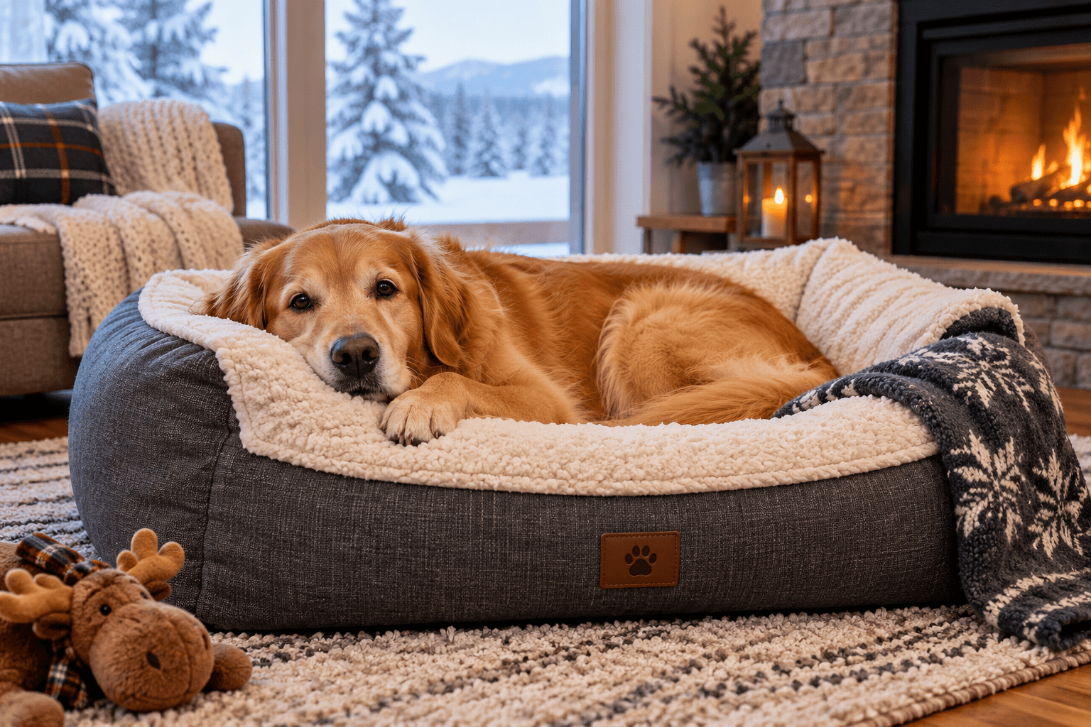 Warm padded dog bed placed on an indoor floor