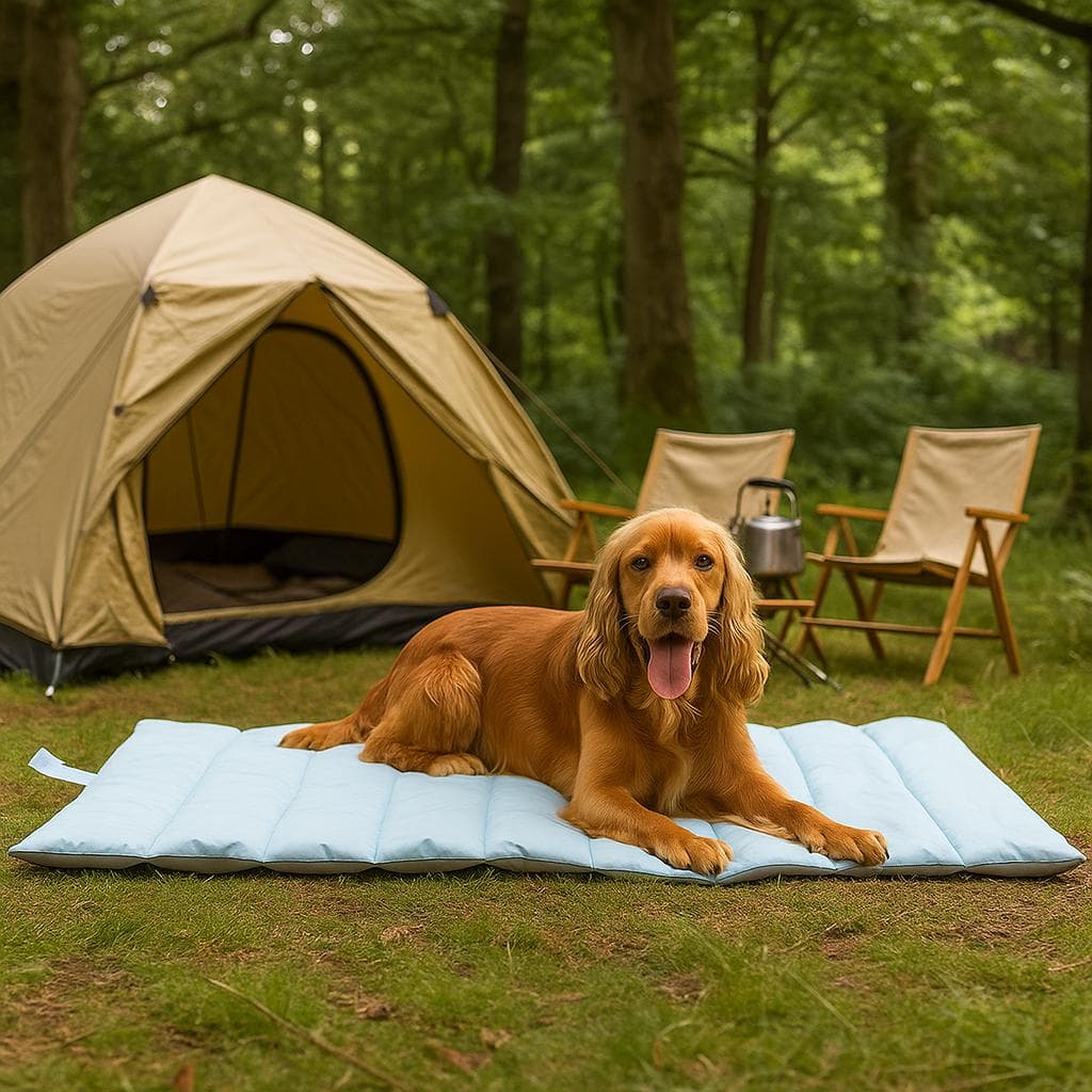 Dog resting on a portable travel bed at a Canadian campsite